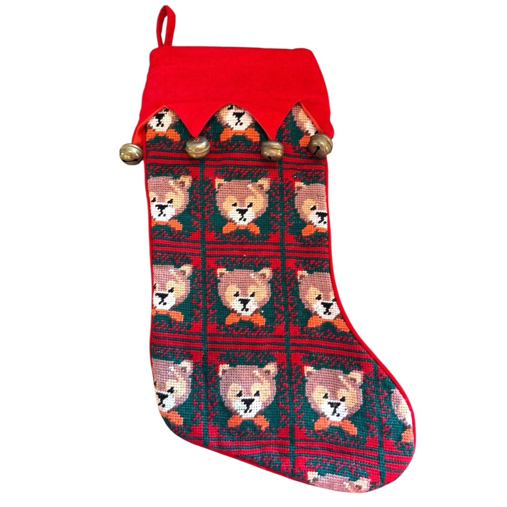 VINTAGE Needlepoint Christmas Stocking Jingle Bells‎ Teddy Bear Red Velvet Wool